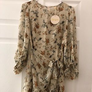 Tan Long Sleeve Floral Dress